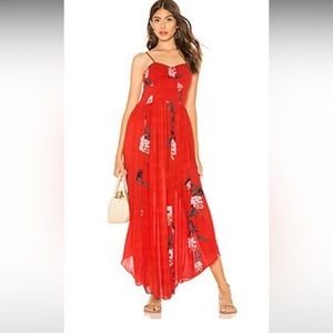 Free People Beau Smocked Printed Slip Dress in Red
